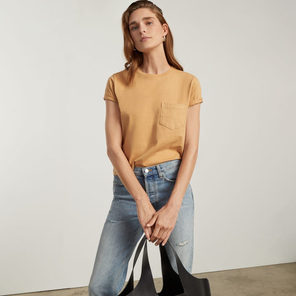 The Box-Cut Tee in Essential Cotton in Iced Coffee — detail view