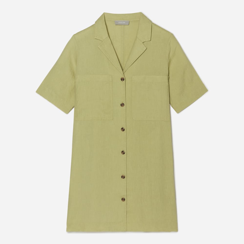 The Linen Workwear Dress in Leek — front view