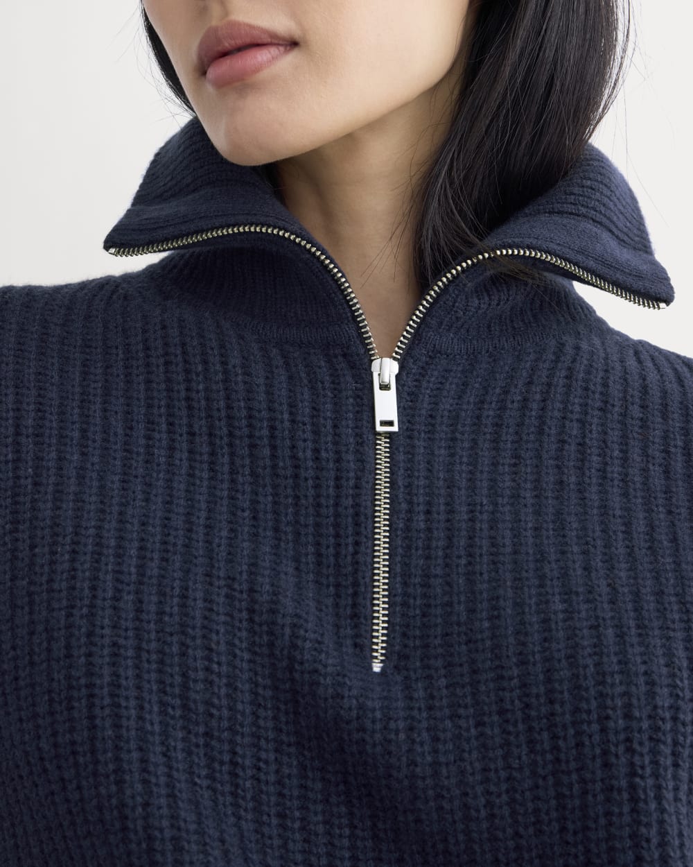 The Half-Zip Sweater in Luxe Merino in Navy — detail view