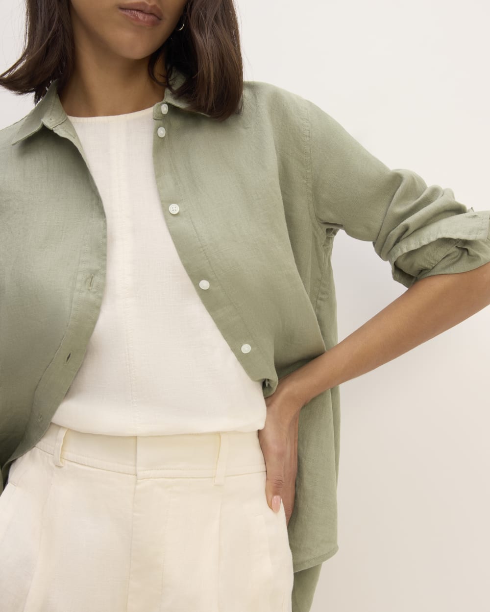 The Must-Have Shirt in Linen in Sage Green — detail view