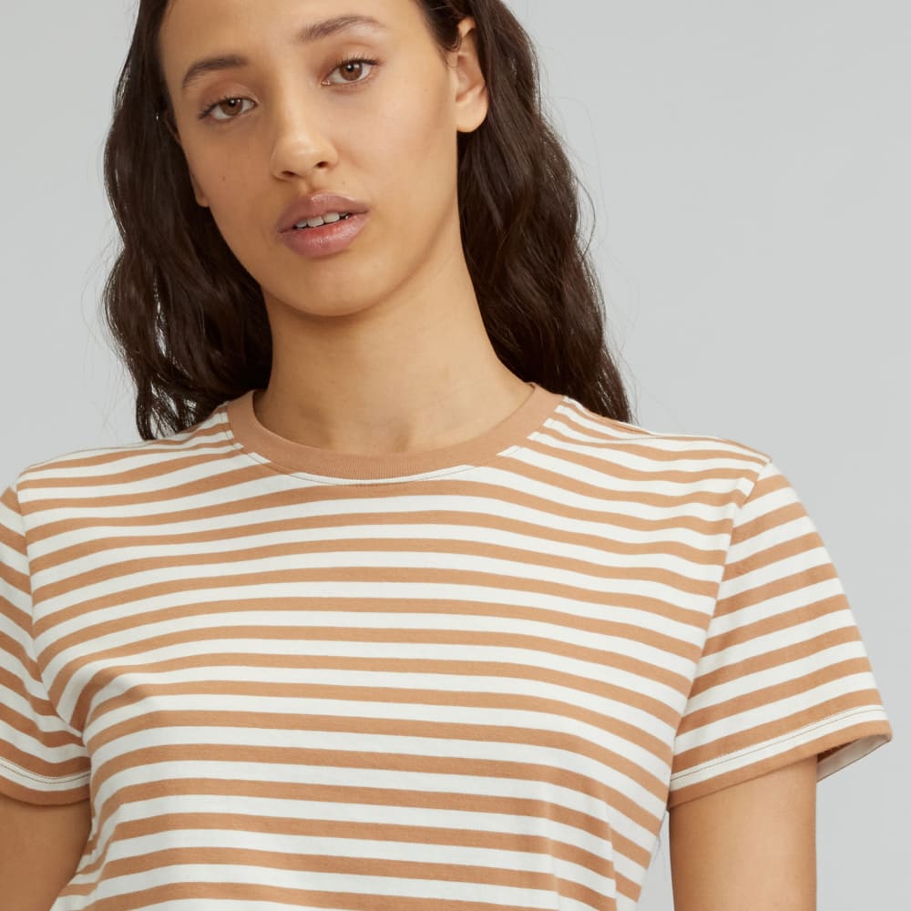 The Box-Cut Tee in Essential Cotton in Caramel / Canvas Tan — detail view
