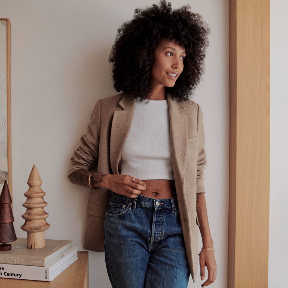 The Oversized Blazer in Wool in Toasted Tan — detail view