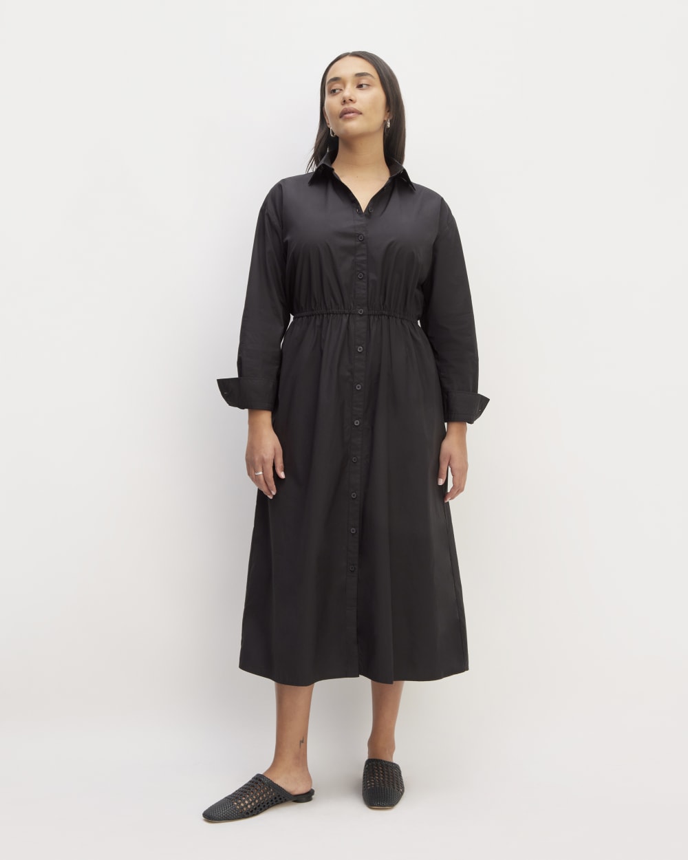 The Supima® Cotton Midi Shirt Dress in Black — front view