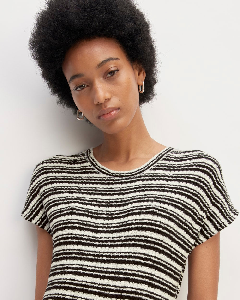 The Rib-Knit Cap-Sleeve Midi Dress in Bone / Black — detail view