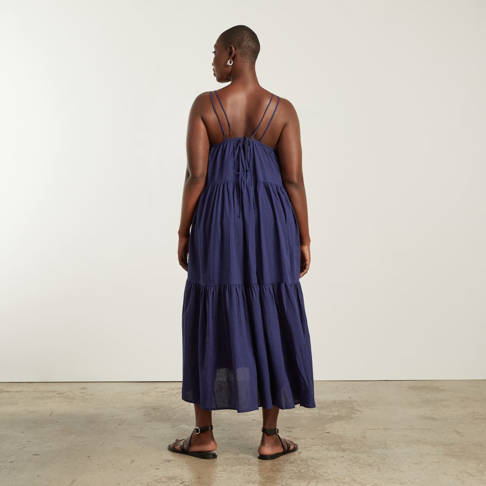 The Billow Tiered Maxi Dress in Navy — detail view