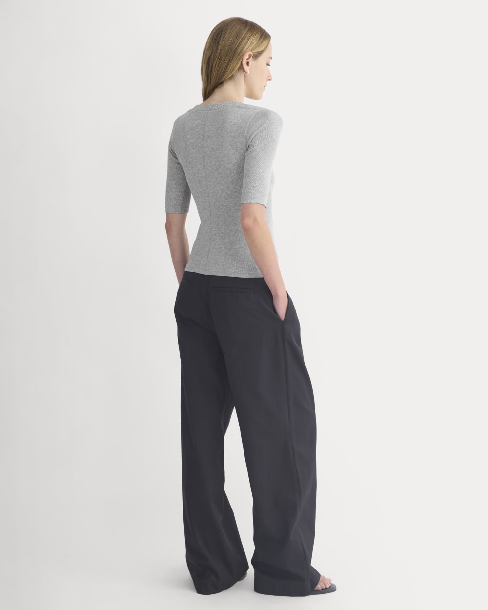 Luxe Rib V-Neck Henley in Heathered Light Grey — detail view