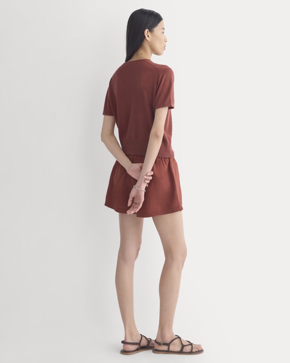 Lace Trim Cardigan in Fine Linen in Henna Red — detail view