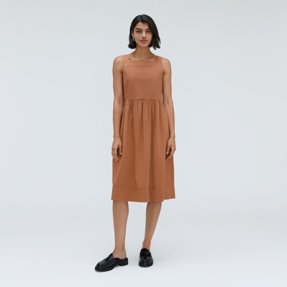 The Seersucker Midi Dress in Tawny Brown — alternate view