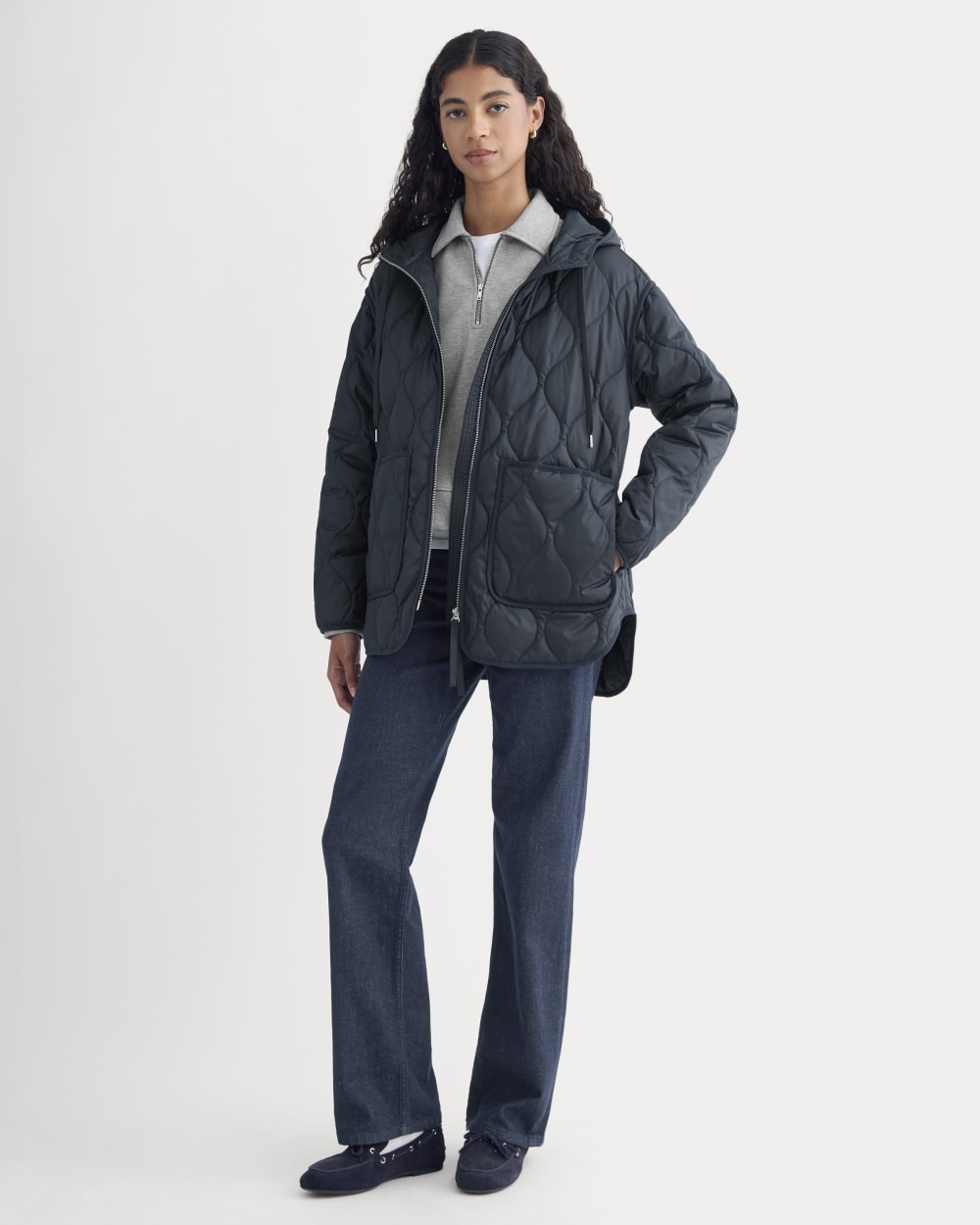 ReNew Quilted Hooded Liner in Navy — detail view