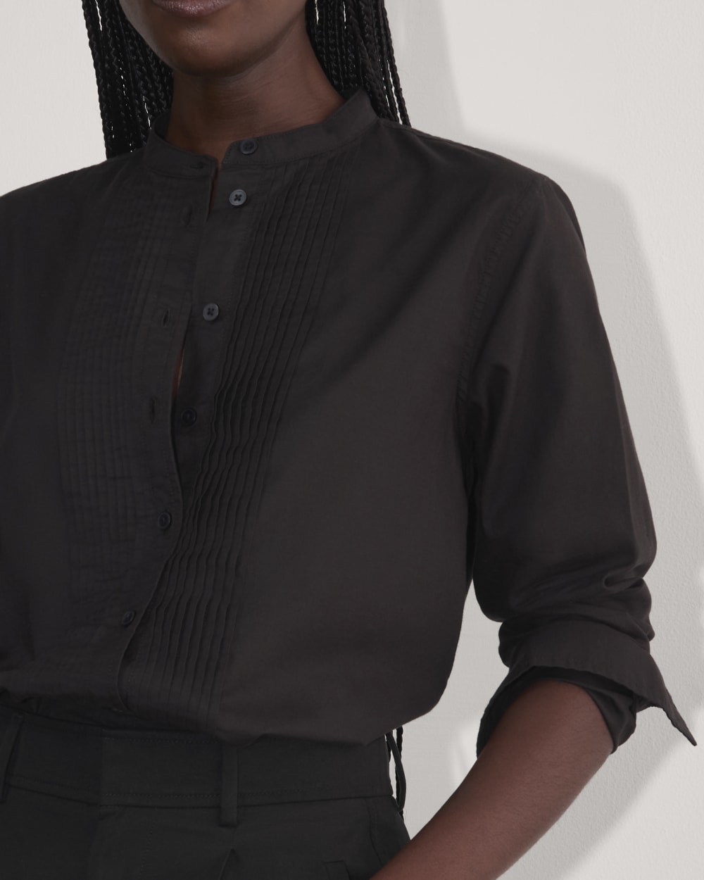 The Tuxedo Shirt in Silky Cotton in Black — detail view