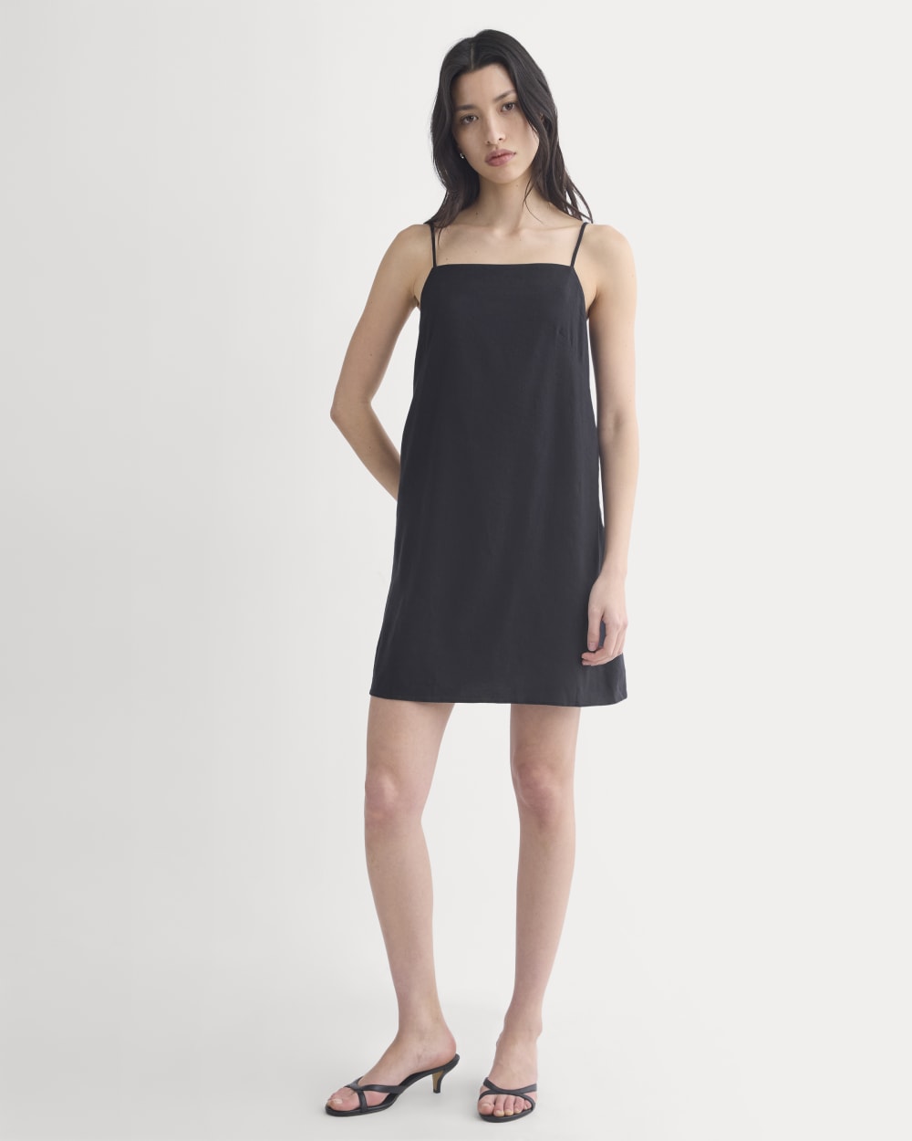 Mini Shift Dress in Stretch Linen in Black — front view
