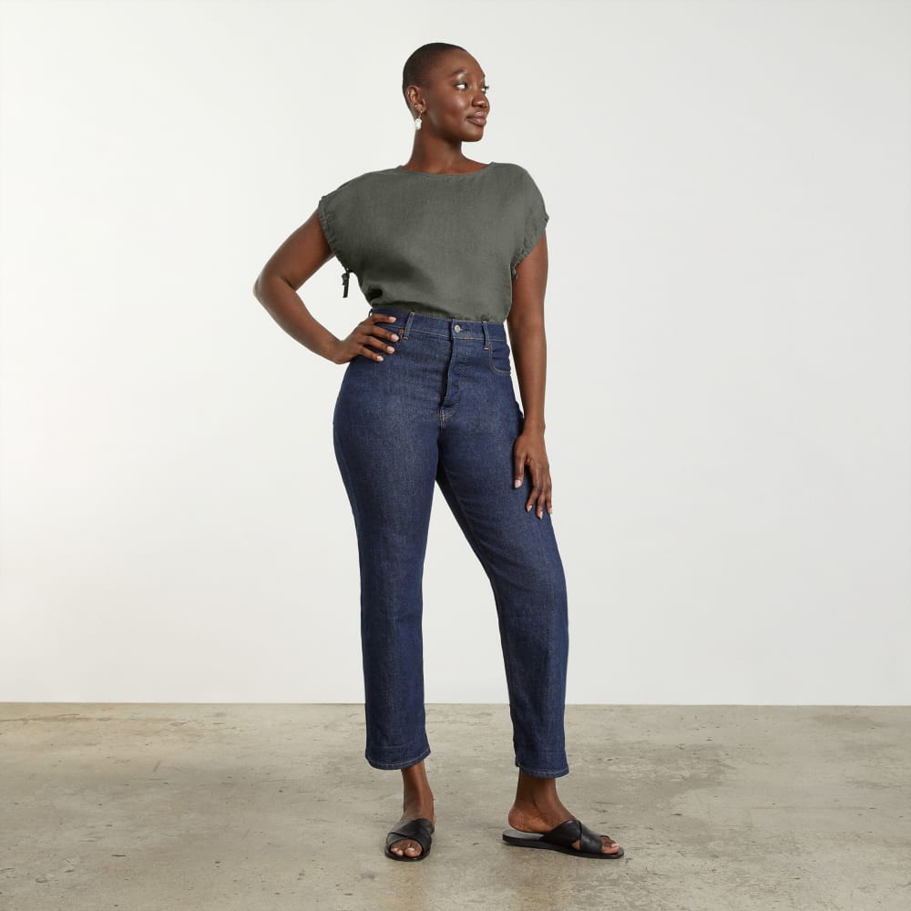 The Drawstring Tunic in Pewter Green — detail view