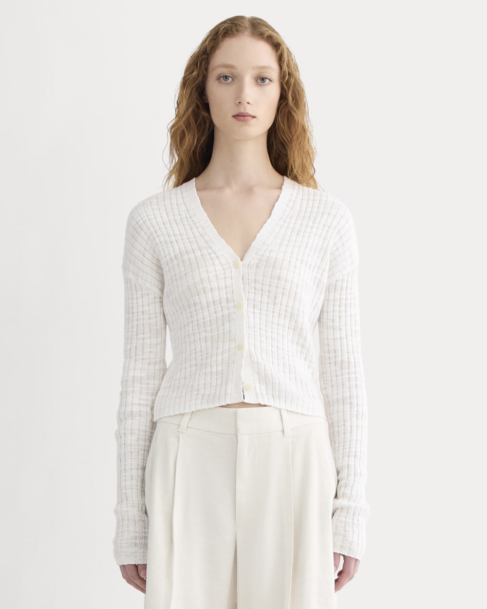 The Ribbed Cardigan in Cotton Linen in White — front view