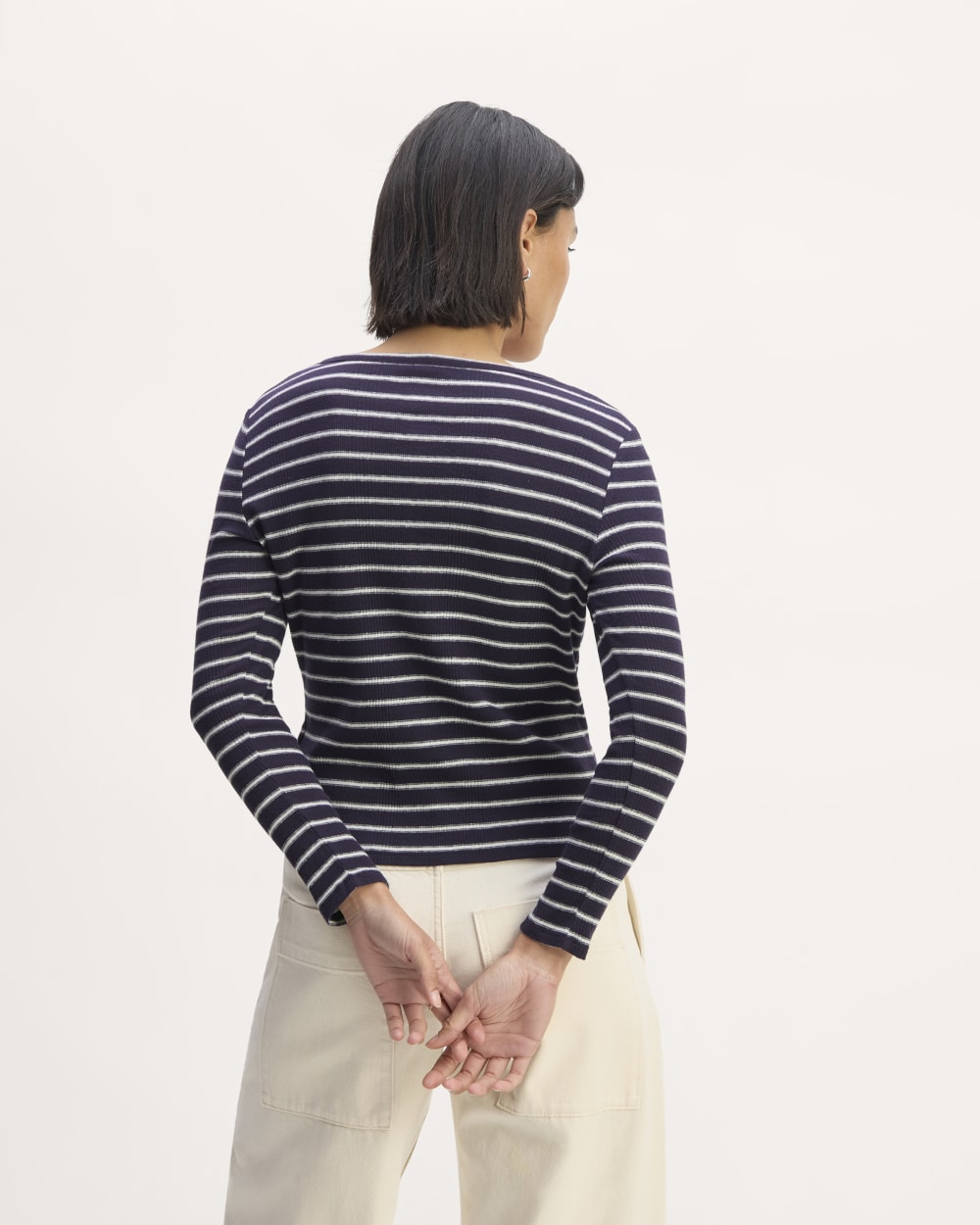 The Vintage Rib Cardigan in Navy / Bone — detail view