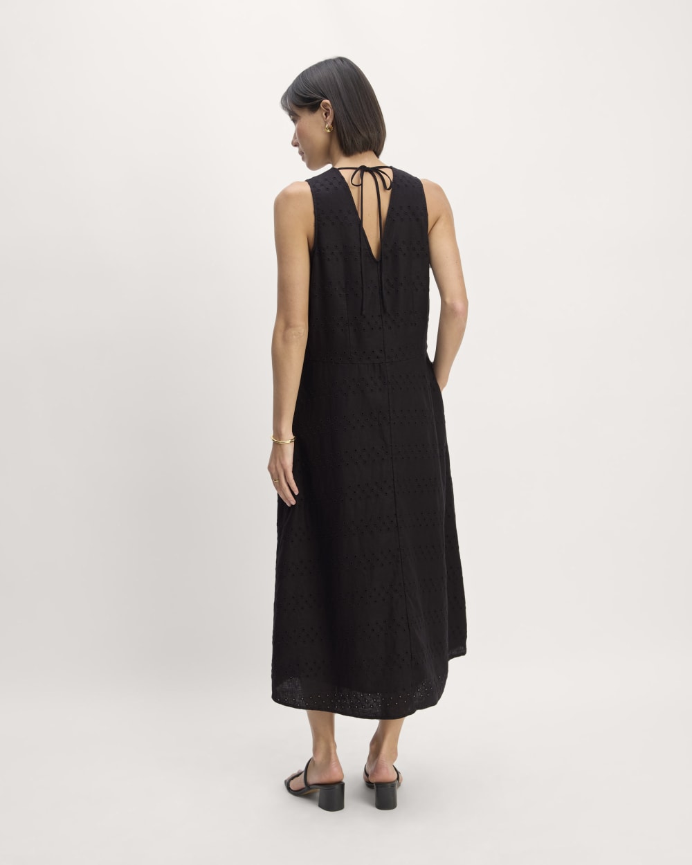 The Linen Eyelet Maxi Dress in Black Eyelet — detail view