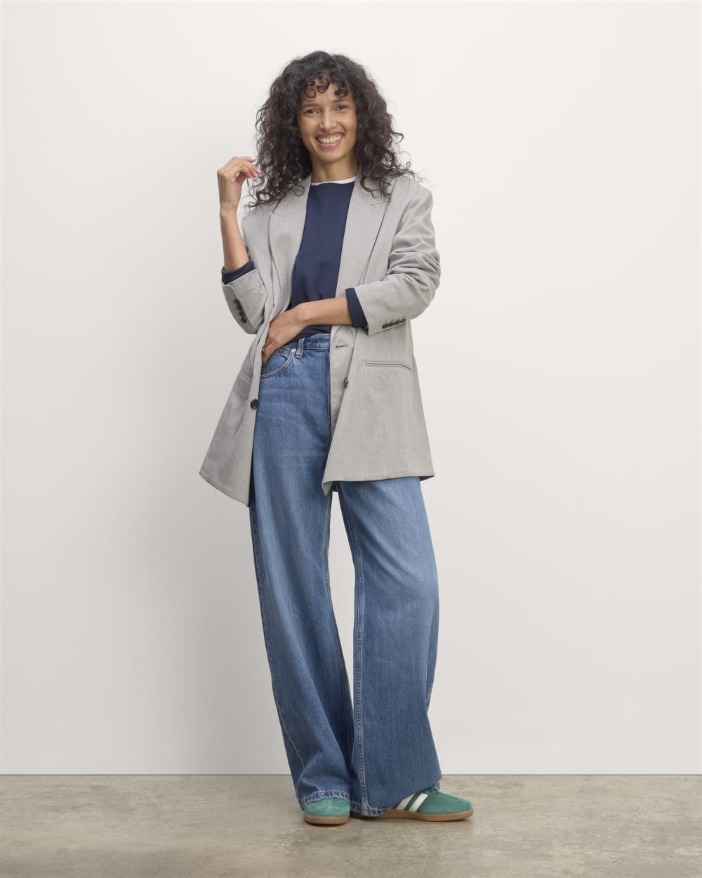 The Double-Breasted Blazer in Buttersmooth in Heather Steel — detail view