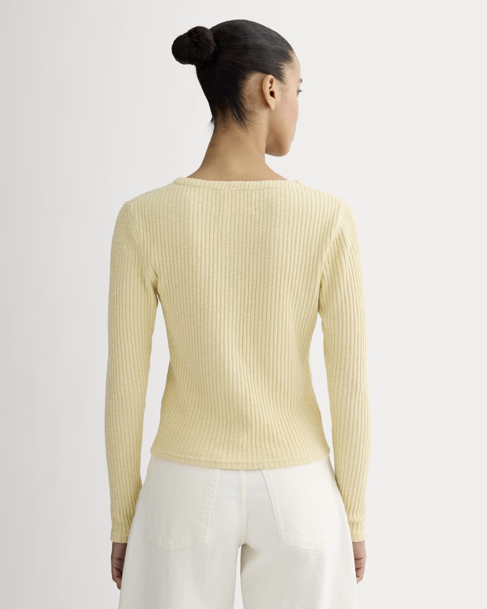 The Cozy Rib Cardigan in Banana Crepe — detail view
