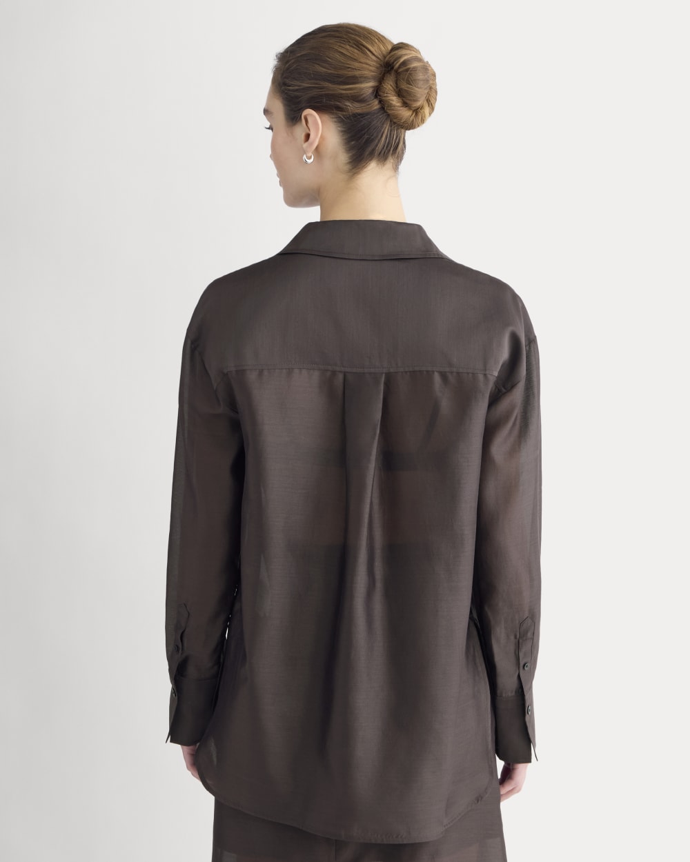 Oversized Shirt in Cotton-Silk Organza in Dark Chocolate — detail view