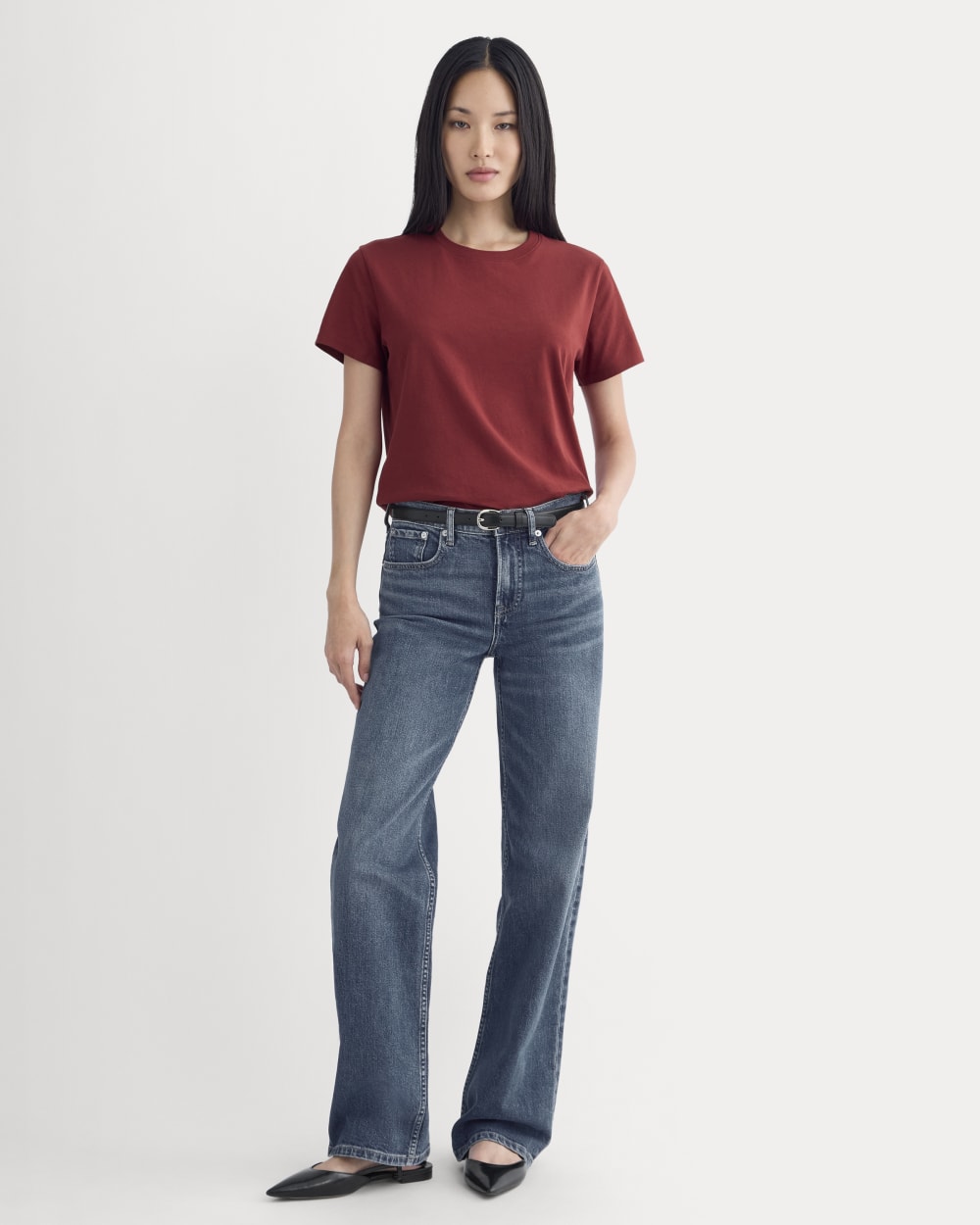 The Box-Cut Tee in Essential Cotton in Merlot — detail view