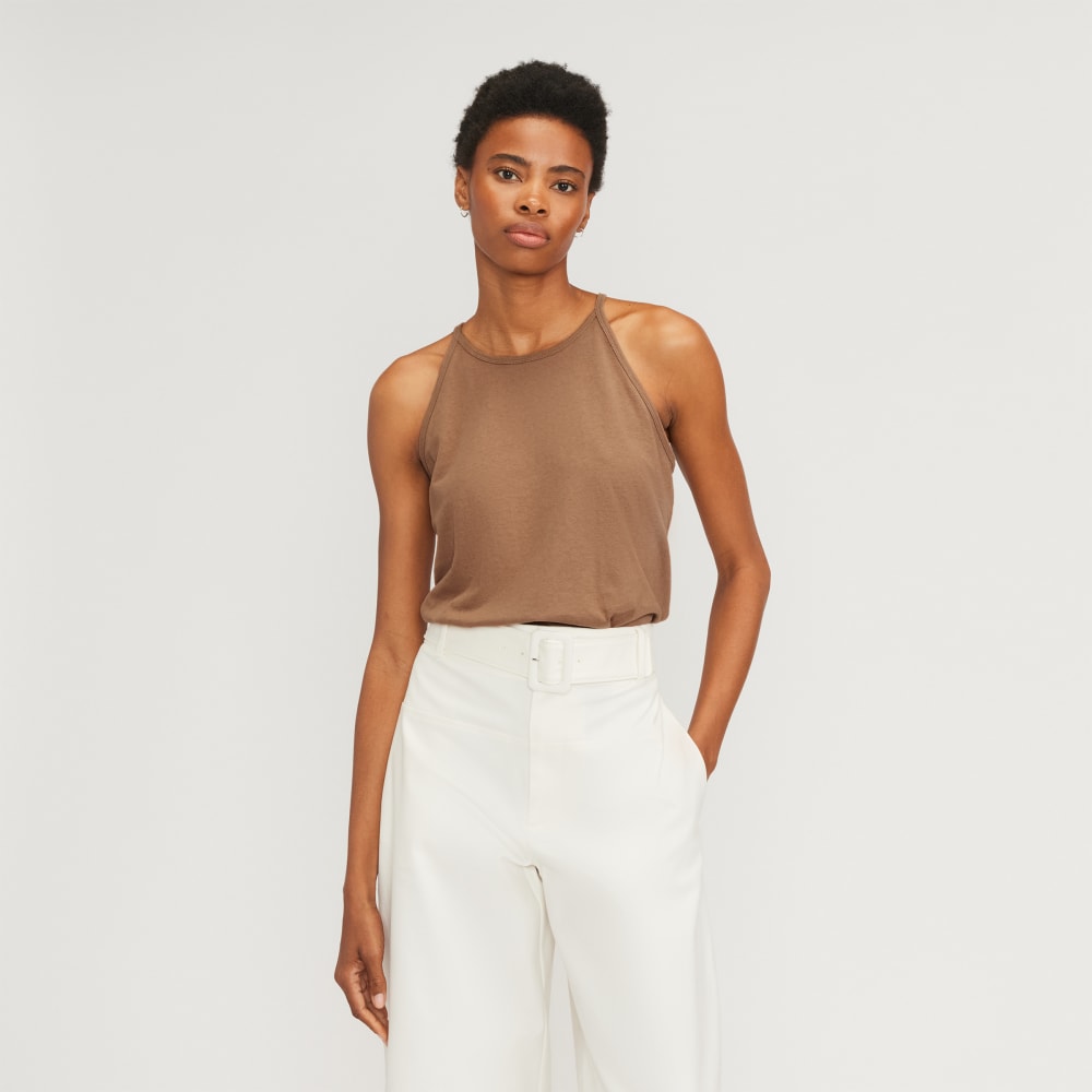 The Hemp Cutaway Tank in Carob Brown — front view