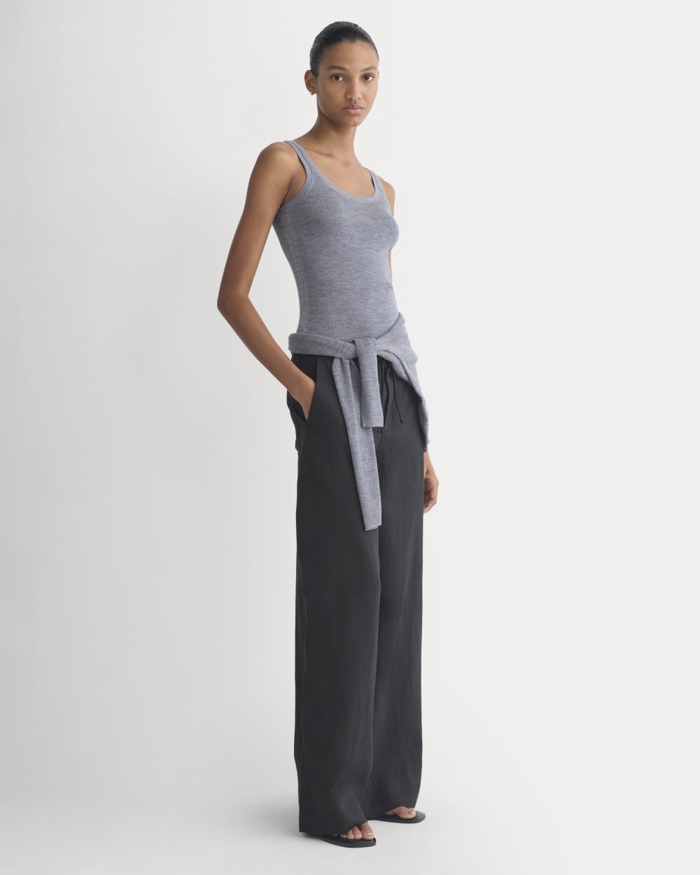 The Light Ribbed Cami in Ultrasoft Merino in Heather Mid Grey — detail view