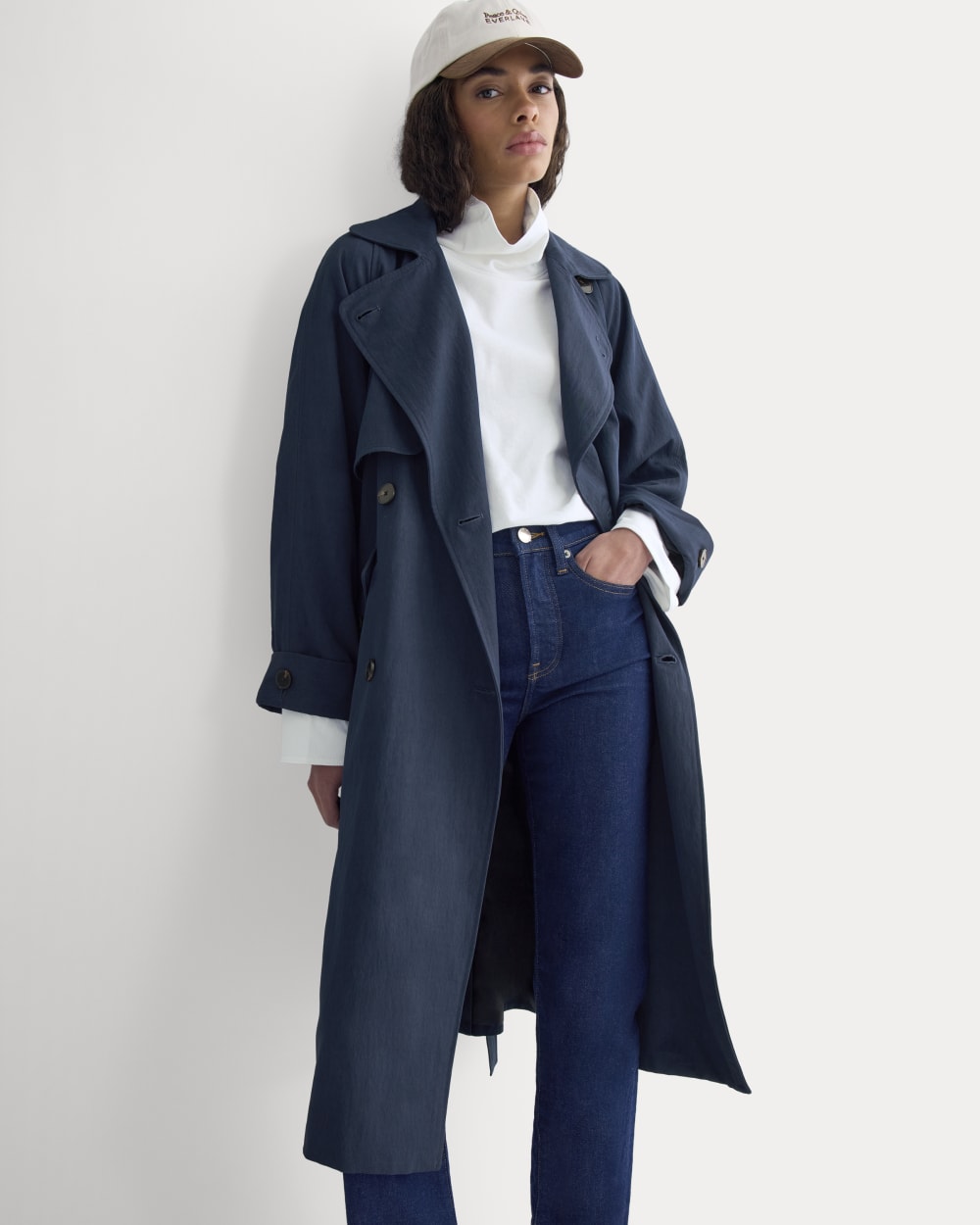 Drapey Twill Trench in Navy — front view