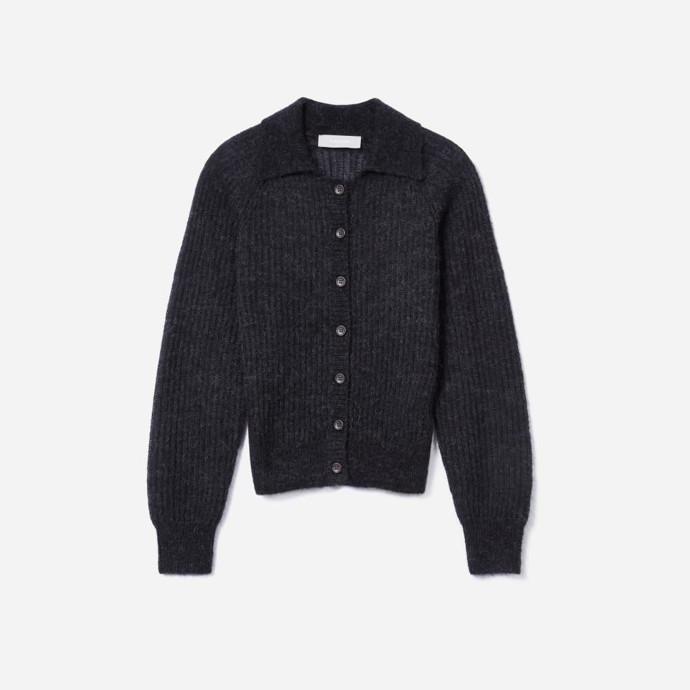 The Alpaca Collared Cardigan in Heathered Black — front view