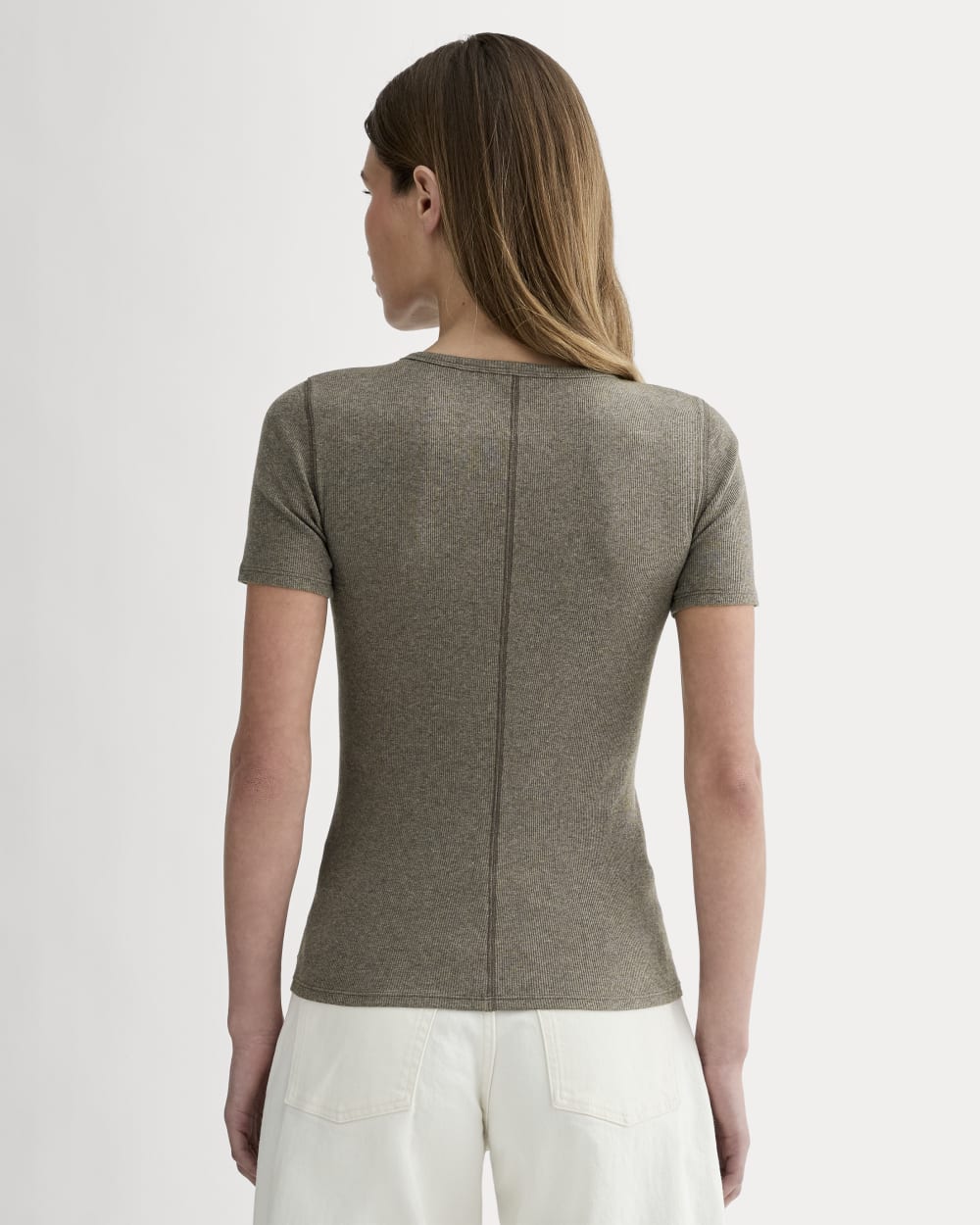 The Luxe Rib Crew in Heathered Fatigue — detail view