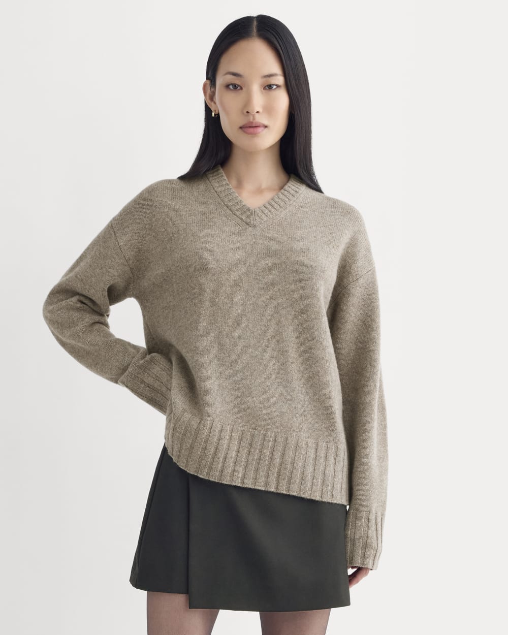 V-Neck Sweater in Extrafine Luxe Merino in Heather Soft Taupe — front view