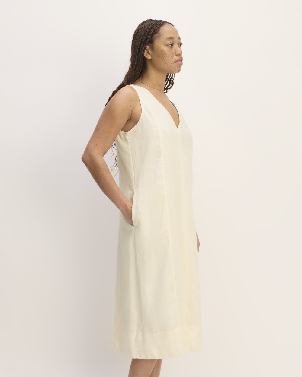 The Linen V-Neck Midi Dress in Bone — detail view