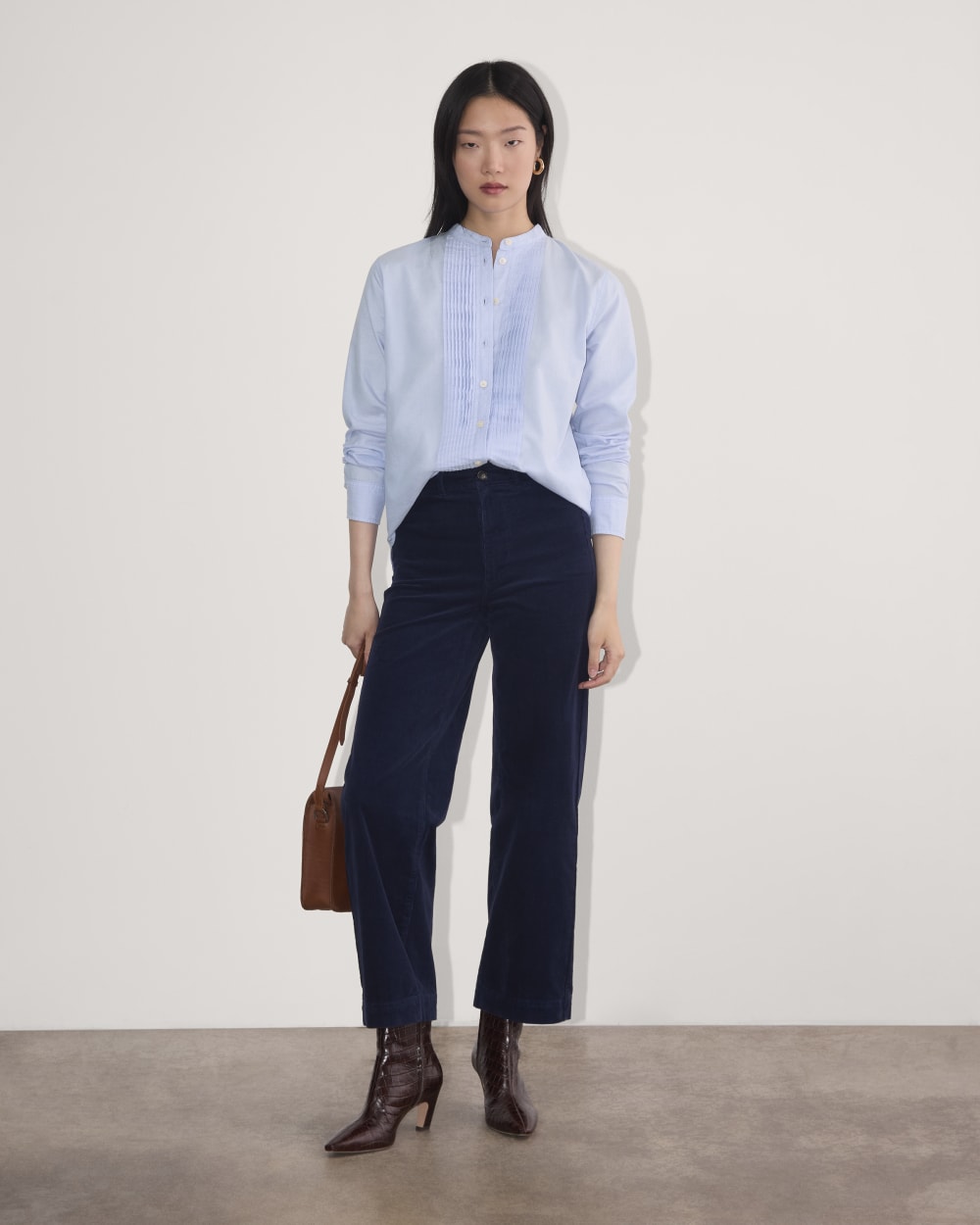 The Tuxedo Shirt in Silky Cotton in Light Blue — detail view