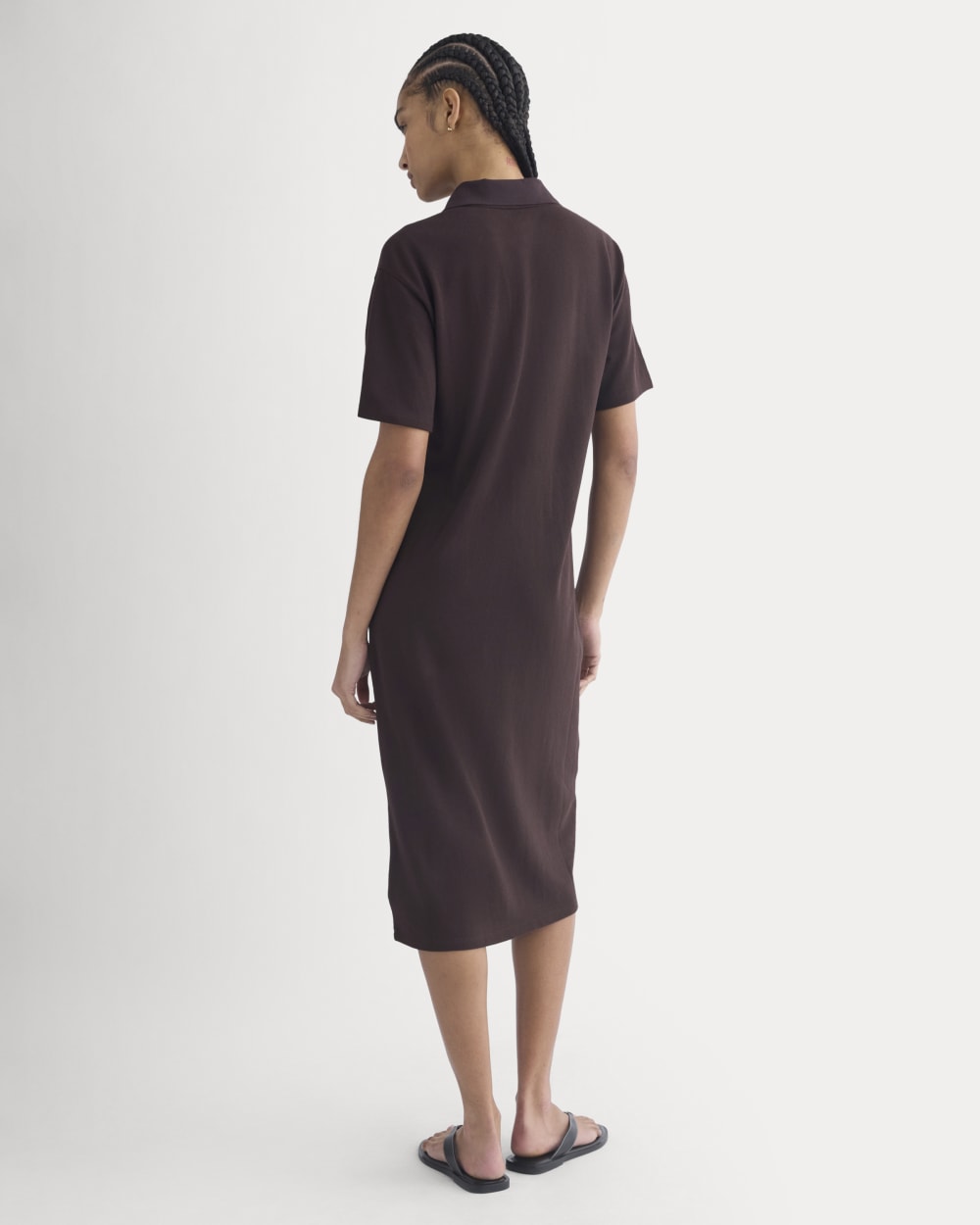 Pique Polo Short-Sleeve Dress in Dark Chocolate — detail view