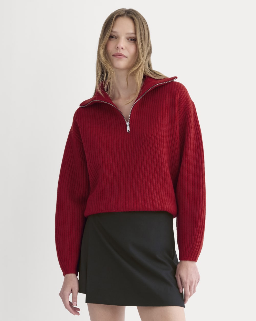 The Half-Zip Sweater in Luxe Merino in Berry Red — front view