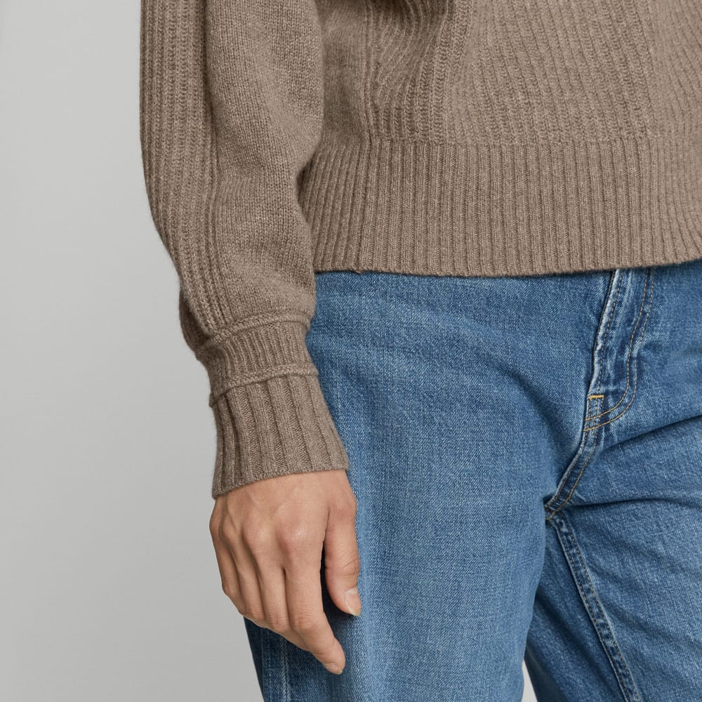 The Cashmere Ribbed Turtleneck in Heathered Taupe Grey — detail view