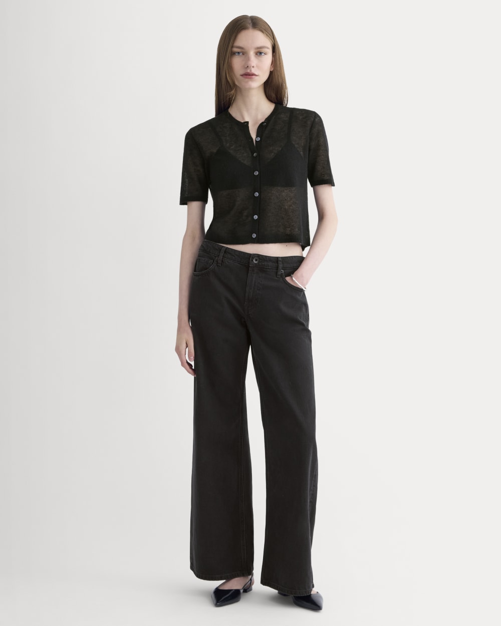 The Air Alpaca™ Short-Sleeve Cardigan in Black — detail view