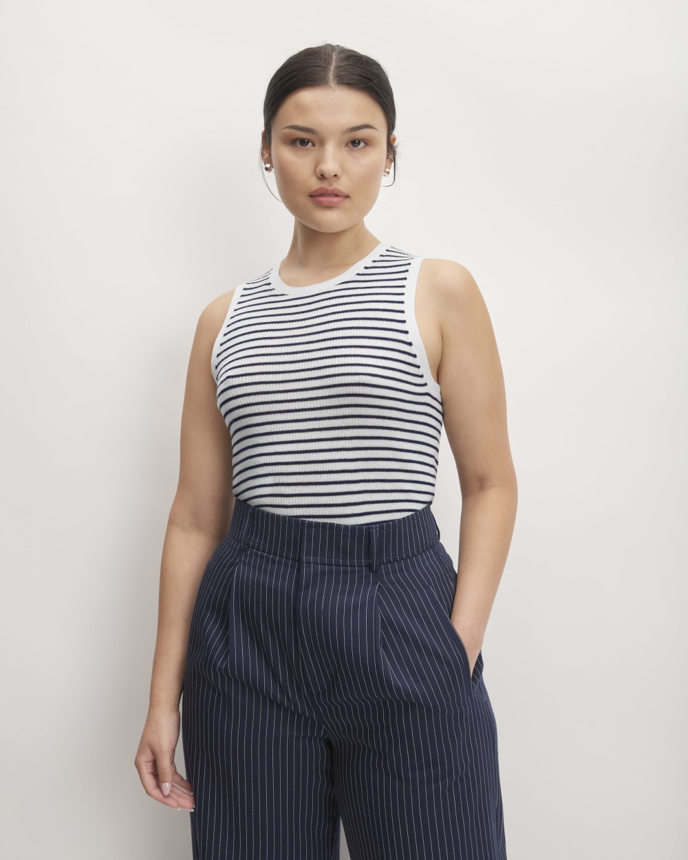 The Tank in Ultrasoft Merino in Bone/Navy — front view