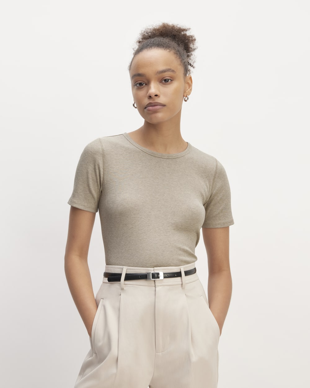 The Luxe Rib Crew in Heathered Tan — front view
