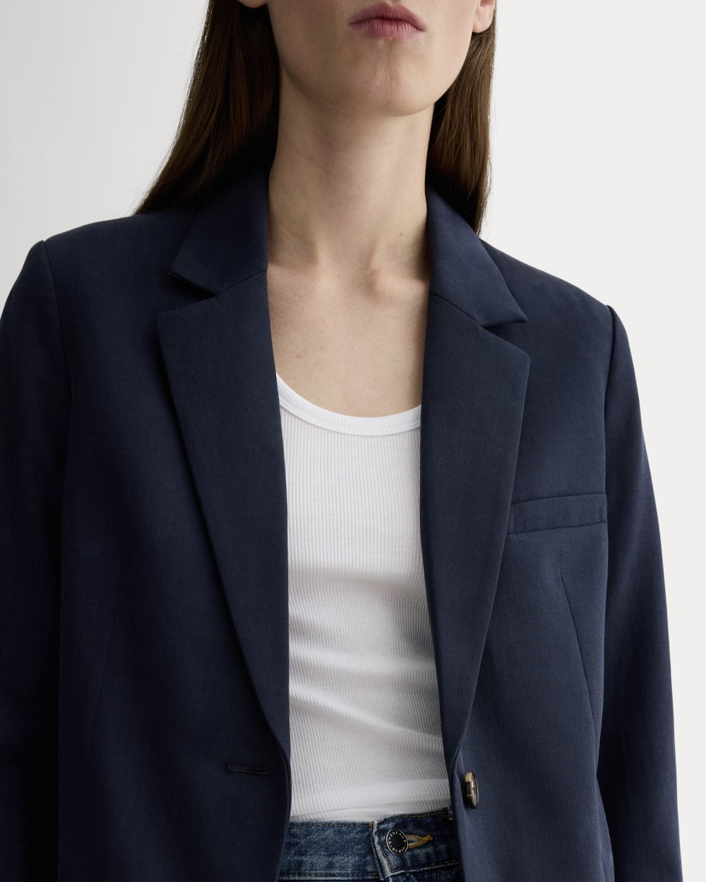 The Oversized Blazer in Buttersmooth in Navy — detail view