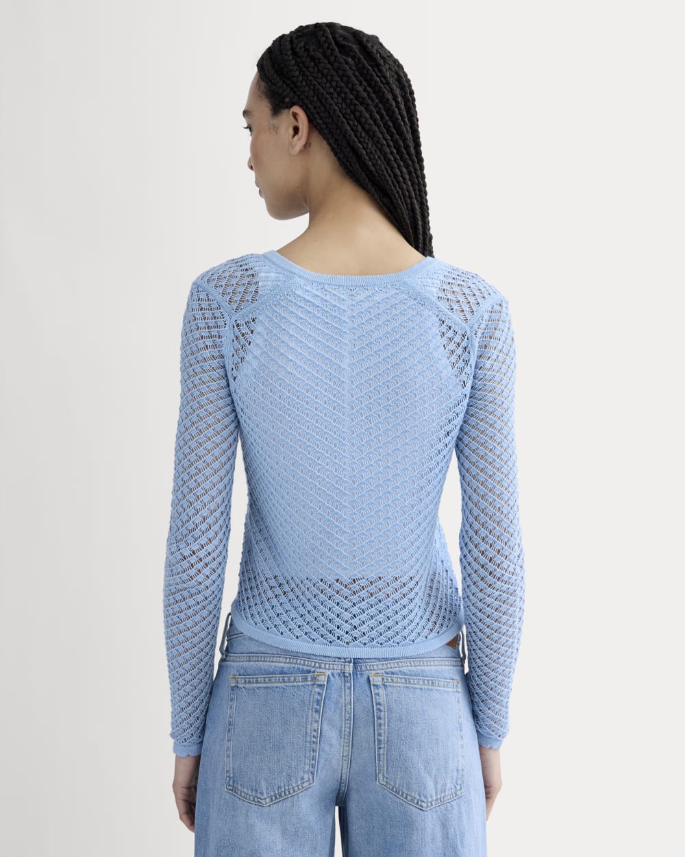 The Lace Knit Cardigan in Sky Blue — detail view