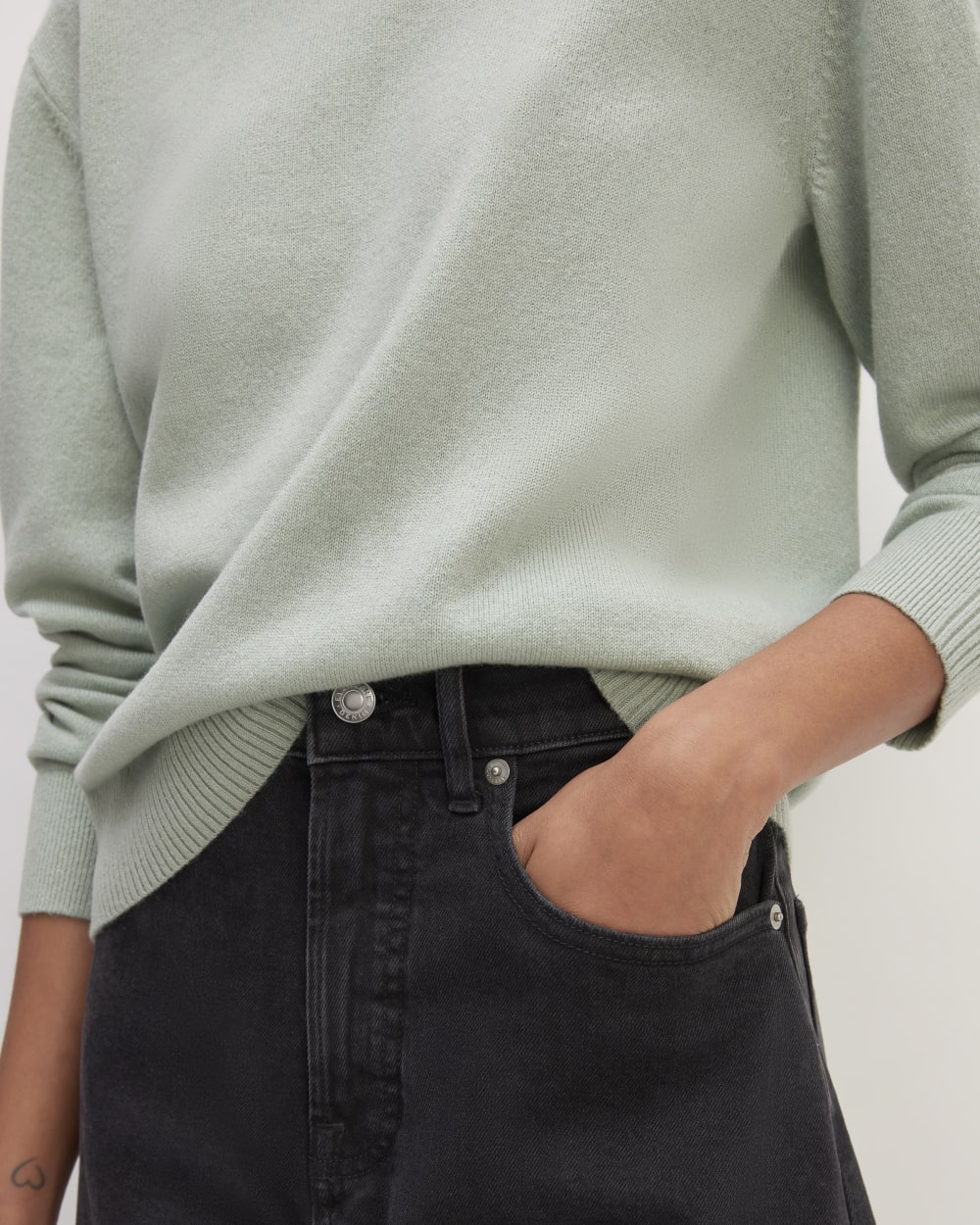 The Classic Crew in Cashmere in Light Sage Green — detail view