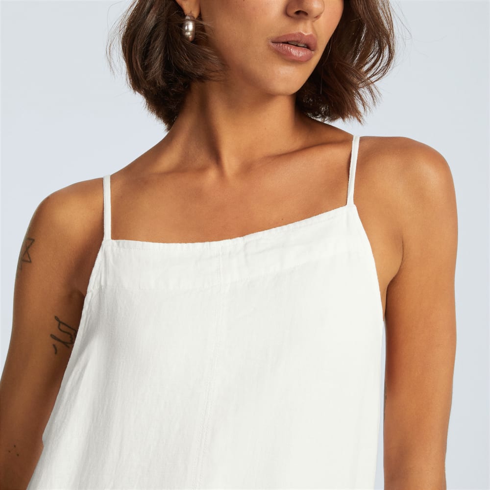 The Linen Apron Dress in White — detail view