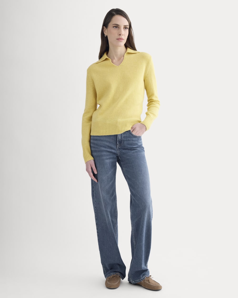 Cashmere Polo Sweater in Double Cream Heather — detail view