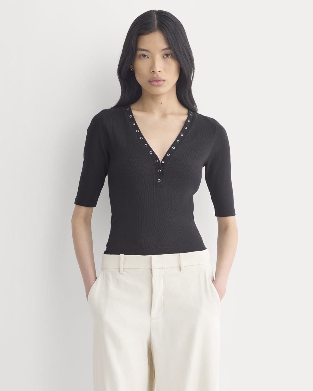 Luxe Rib V-Neck Henley in Black — front view