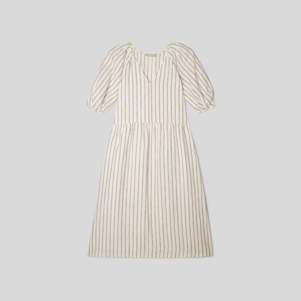 The Linen Oversized Puff-Sleeve Dress in Black / Canvas Tan — alternate view