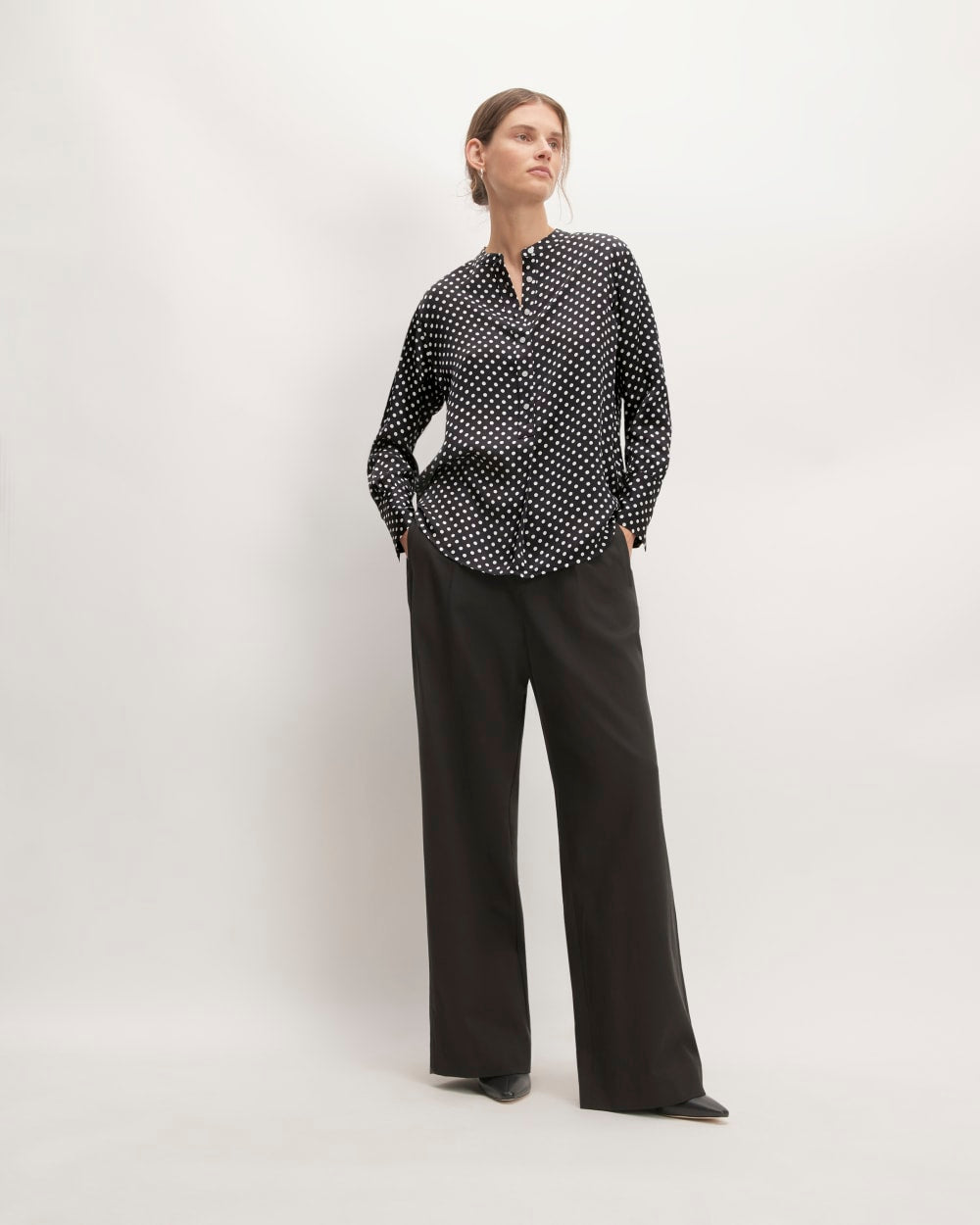 The Hammered Satin Popover Shirt in Black / Bone Polka Dot — detail view