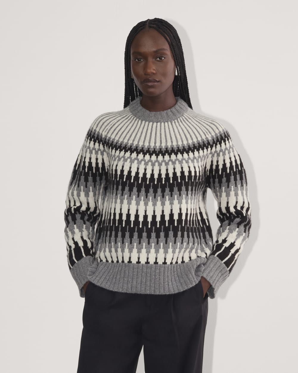The Fair Isle Crew in Grey / Black Fair Isle — front view