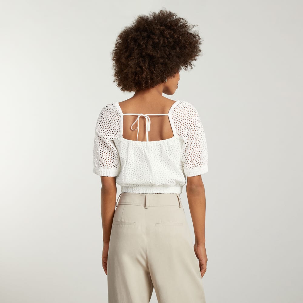 The Eyelet Puff Sleeve Top in White — detail view