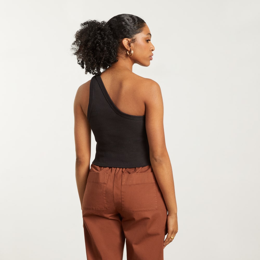 The Ribbed One-Shoulder Tank in Black — detail view