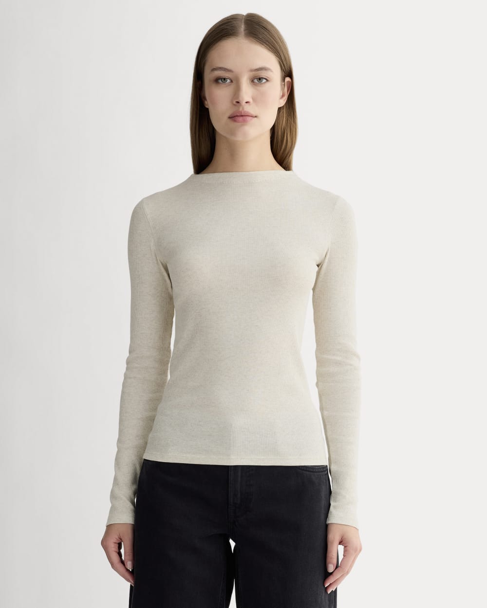 The Luxe Rib Funnel-Neck Tee in Heathered Oat — front view