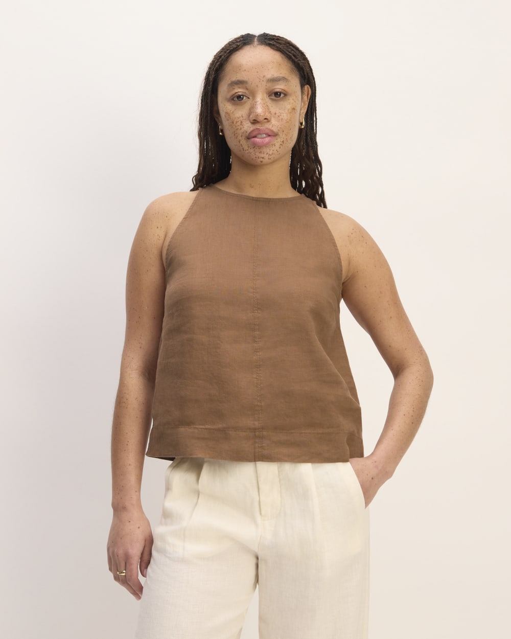 The Linen High-Neck Tank in Carob Brown — front view